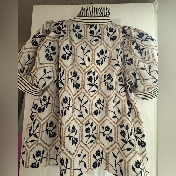 NEW Entro ruffle neck embroidered navy beige stripe floral top - Picture 4 of 7